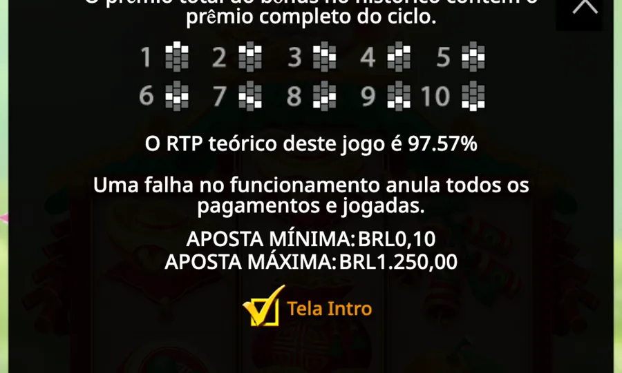 Tela de regras informando o RTP teórico de 97.57%