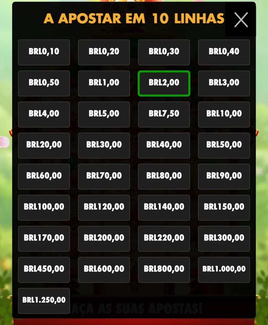 Menu de apostas listando valores de BRL0,10 a BRL1.250,00